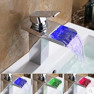 Contemporary Solid Brass Single Handle LED Waterfall Bathroom Sink Faucet Chrome Finish TP0510F