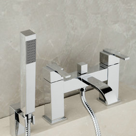Contemporary Double Handles Bridge Solid Brass Tub Faucet with Hand Shower T0215