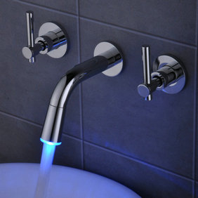 Contemporary Color Changing LED Waterfall Widespread Bathroom Sink Faucet T0462F