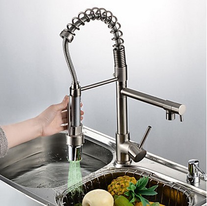 LED Contemporary Nickel Brushed Pull-out Kitchen Faucet T0783N