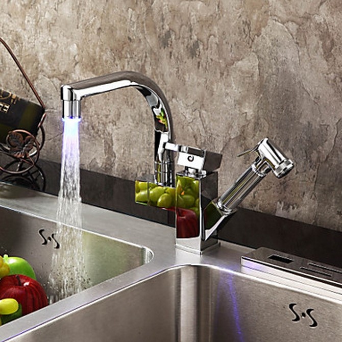 Contemporary Color Changing LED Pull Out KitchenTap-Chrome Finish T0790F
