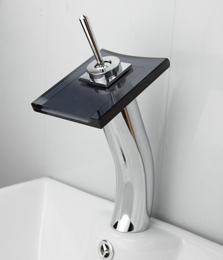 Contemporary Waterfall Bathroom Sink Faucet with Glass Spout T0801BH - Click Image to Close