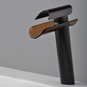 Oil Rubbed Bronze Waterfall Bathroom Sink Faucet with Glass Spout T0814HB - Click Image to Close