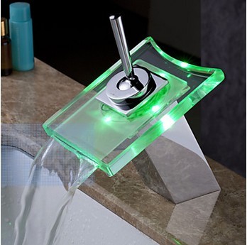 Contemporary Color Changing LED Glass Spout Waterfall Bathroom Sink Faucet - T0815-1F - Click Image to Close