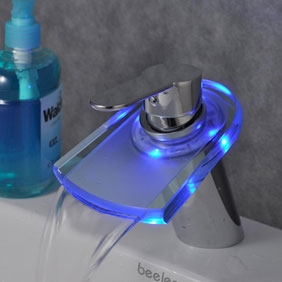 Contemporary Color Changing LED Waterfall Bathroom Sink Faucet - T0816F - Click Image to Close