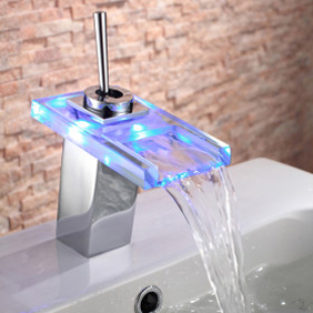 Contemporary Single Handle Chrome Waterfall LED Bathroom Sink Faucet - T0818-1F