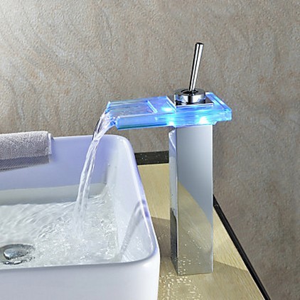 Waterfall Color Changing LED Bathroom Sink Faucet Tall T0818-1HF