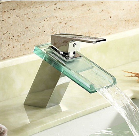 Waterfall Chrome Finish Bathroom Sink Faucet Mixer with Glass Spout T0818
