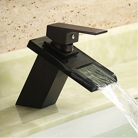 Antique Black Bronze Finish Waterfall Centerset Glass Bathroom Sink Faucet T0818ORB