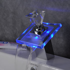 Contemporary Color Changing LED Glass Handle Waterfall Bathroom Sink Faucet - T0819F - Click Image to Close