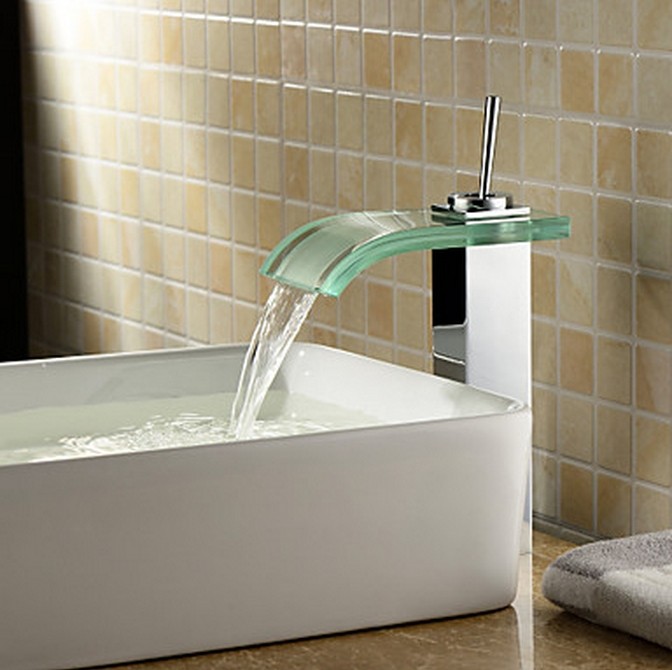Contemporary Waterfall Bathroom Sink Faucet with Glass Spout T0821