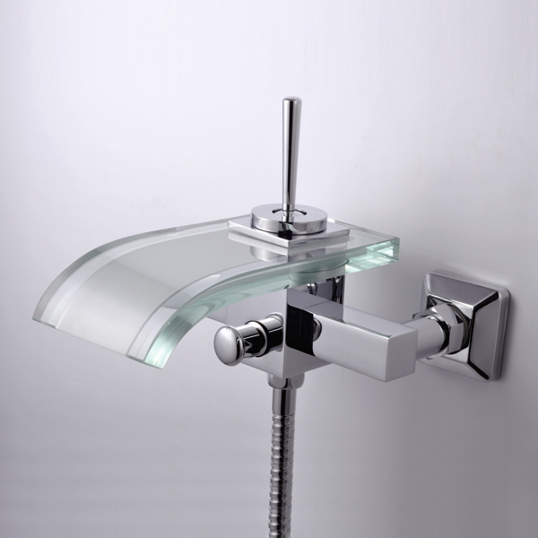 Single Handle Waterfall Wall-Mount Chrome Glass Bathtub Faucet (T0821W) - Click Image to Close