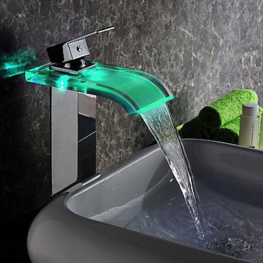 Contemporary LED Waterfall Glass Tall Bathroom Sink Faucet - T0822HF