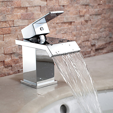 Broad Spout Contemporary Chrome Finish Waterfall Centerset Bathroom Sink Faucet T0825 - Click Image to Close