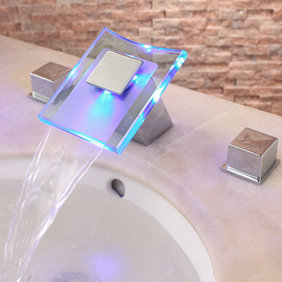 Contemporary LED Two Handles Hydroelectric Waterfall Sink Faucet T0827F - Click Image to Close