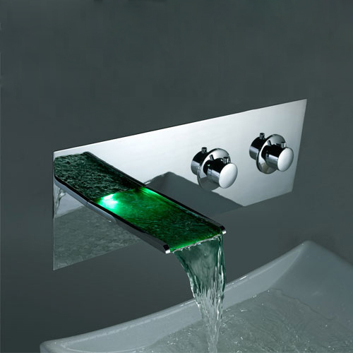Contemporary Color Changing LED Two Handles Waterfall Widespread Bathroom Sink Faucet - T8001F