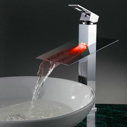 Contemporary Cartridge Water-saving Color Changing LED Waterfall Tall Bathroom Sink Faucet - T8003A