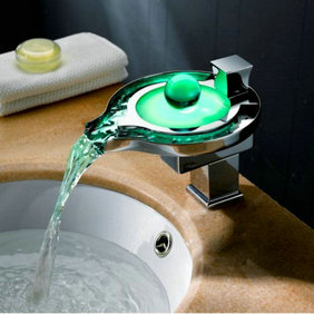 Contemporary Color Changing LED Waterfall Bathroom Sink Faucet - T8008F - Click Image to Close