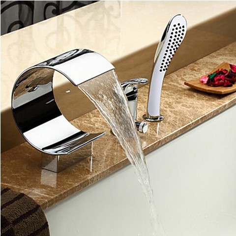 Single Handle Waterfall Tub Faucet with Hand Shower Chrome Finish T8022M - Click Image to Close