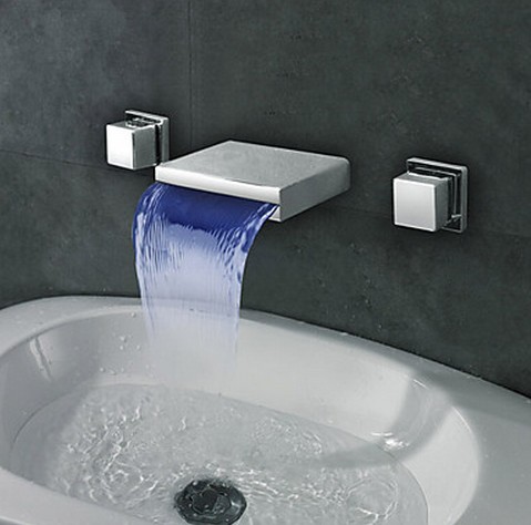 Widespread Wall Mount Waterfall 3 Colors LED Bathroom Sink Faucet T8041