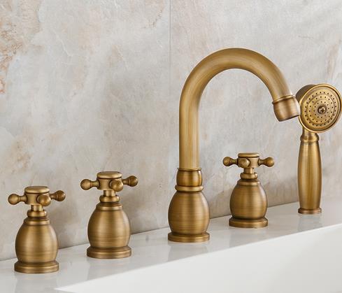 Antique Brass Five-pieces Widespread Tub Faucet with Hand Shower FBT0328 - Click Image to Close