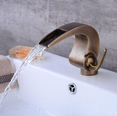 Antique Basin Faucet Brass Waterfall Art Designed Bathroom Sink Faucet FA0195