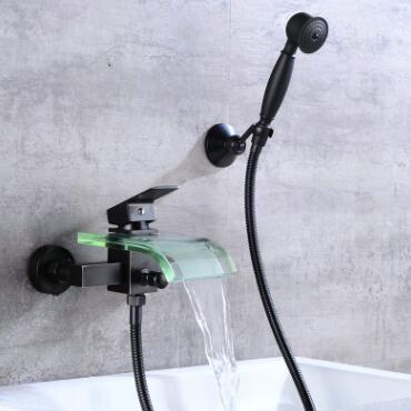 Antique Bathtub Faucet Black Bronze Brass Waterfall Glass Spout Faucet Hand Shower Set FB0365G