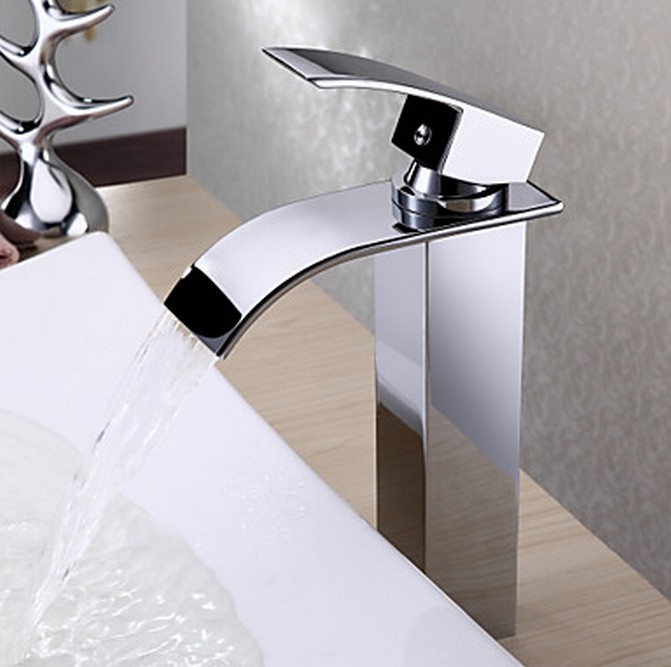 Contemporary Brass Waterfall Bathroom Sink Faucet Tall TQ0517H - Click Image to Close