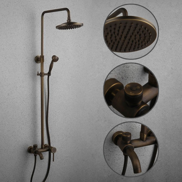 Antique Brass 8 inch Shower Head + Hand Shower Tub Shower Faucet - TSA005