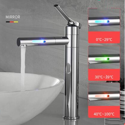 LED Color Changing Waterfall 360° Rotatable Chrome Mixer Tall Bathroom Sink Faucet T0228LF