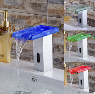 New Arrival Automatic LED Color Changing Bathroom Glass Spout Sink Faucet T0350