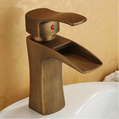 Antique Waterfall Brass Brushed Bathroom Sink Faucet T1023D - Click Image to Close