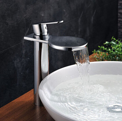 Creative Waterfall Brass Bathroom Sink Faucet High Version T1027W - Click Image to Close