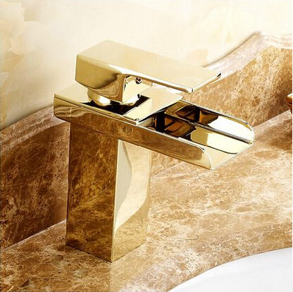 Hot Sale Brass Gold Bathroom Sink Faucet Waterfall Mixer Faucet T1122G - Click Image to Close