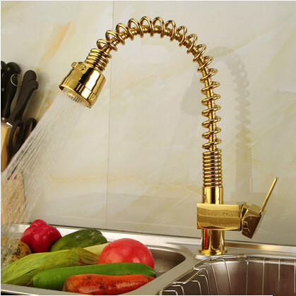 New Gold Printed Brass Spring Pull Down Kitchen Sink Faucet TA530G - Click Image to Close