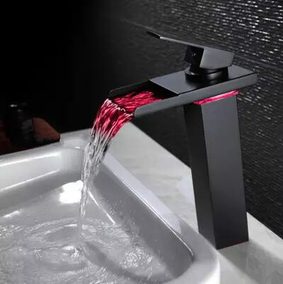 Black Bronze Brass Waterfall Bathroom Mixer LED Color Changing Sink Faucet TB288L - Click Image to Close