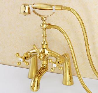 Antique Brass Golden Double Handles Bridge Bathtub Faucet with Hand Shower FTB398