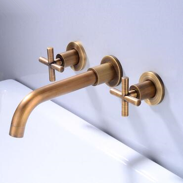 Antique Brass Concealed Installation Wall Mounted Two Handles Bathroom Sink Faucet TF0375A