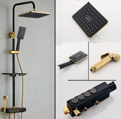 Thermostatic Square Black & Gold Bronze Brass 4 Gear Mixer Rainfall Shower Faucet TFB588G