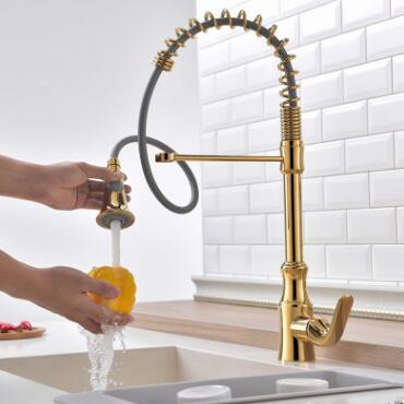 Pull Out Kitchen Faucet Golden Printed Spring Kitchen Sink Faucet TG0110P - Click Image to Close