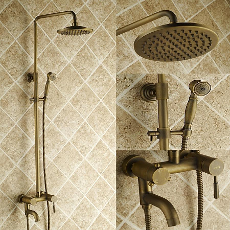 Antique Brass Tub Shower Faucet with 8 inch Shower Head + Hand Shower TSA001 - Click Image to Close