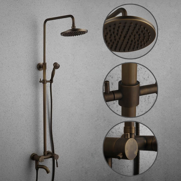 Antique Brass Tub Shower Faucet with 8 inch Shower Head + Hand Shower TSA001