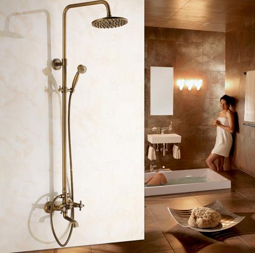 Antique Brass Tub 8 inch Shower Head + Hand Shower Shower Faucet - TSA003 - Click Image to Close