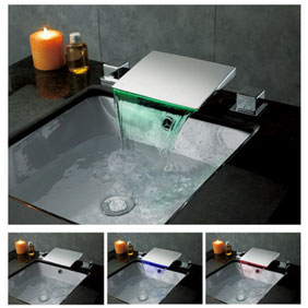 Contemporary Color Changing LED Waterfall Widespread Bathroom Sink Faucet T8012F