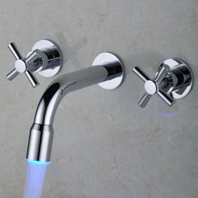 Contemporary Color Changing LED Waterfall Widespread Bathroom Sink Faucet T0457F