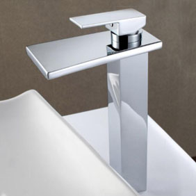 Contemporary Solid Brass Waterfall Bathroom Sink Faucet (Tall) T6005H - Click Image to Close