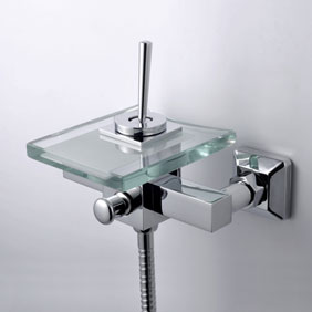 Contemporary Waterfall Tub Faucet with Glass Spout Wall Mount T0805-1W - Click Image to Close