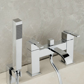 Contemporary Double Handles Bridge Solid Brass Tub Faucet with Hand Shower T0215 - Click Image to Close