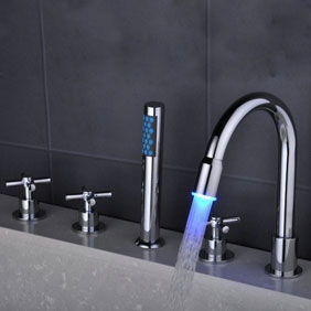 Contemporary Color Changing LED Waterfall Widespread Tub Faucet with Hand Shower T0463F - Click Image to Close