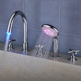 Contemporary Color Changing LED Waterfall Widespread Tub Faucet with Hand Shower T0464F - Click Image to Close